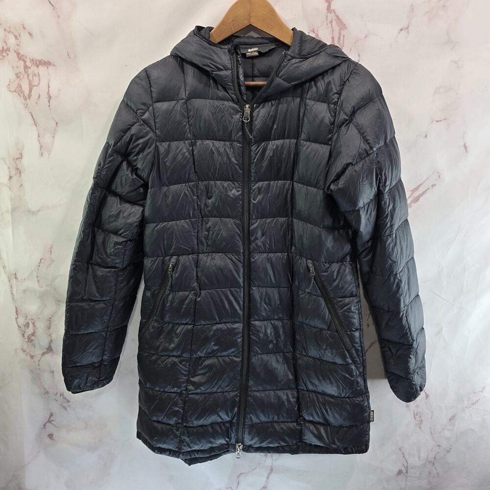 REI Co Op Down Jacket Womens XS Black Puffer Jacket Long Hooded Parka 650 FP
